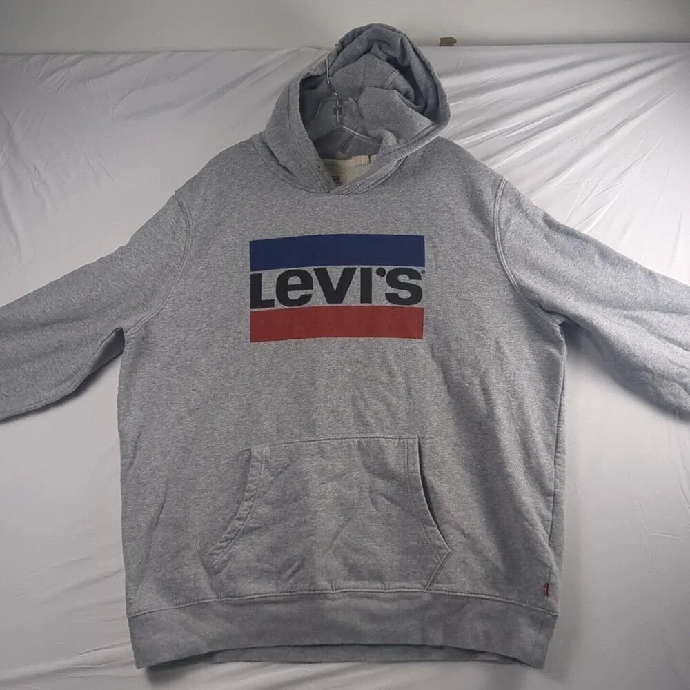 Levis Logo Spell Out Gray Hoodie Mens XL Pullover Hooded Sweatshirt Standard‎